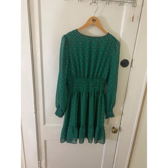 Max Studio Women's Long Sleeve Chiffon Green Smoked Mini Dress - Large - Picture 3 of 15